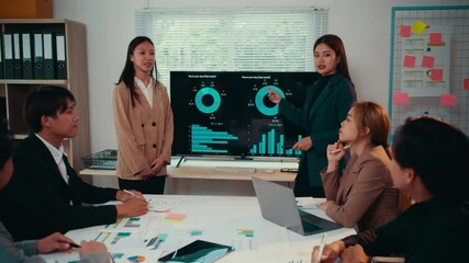 Aufkleber - Asian businesswomen shaking hands after successful presentation, colleagues clapping hands, celebrating business success in office meeting room