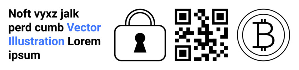 Lock with keyhole icon, rectangular QR code, and Bitcoin coin illustration beside text elements in black and blue. Ideal for digital security, technology, cryptocurrency, scanning, privacy, online