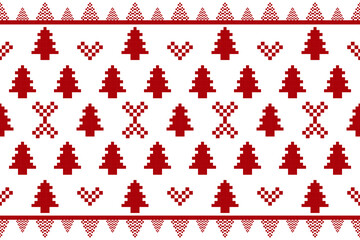 Wall Mural - Pixel Christmas Pattern with Red Snowflake Icons on White Background,Nordic and Scandinavian Style,Ideal for Gift Wrapping,Sweaters,Fabric,Border,Banner and Digital Art Projects During the Holiday