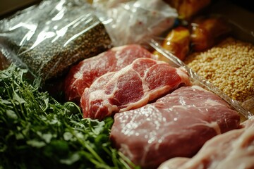 Aufkleber - Fresh vegetables, meat, and grains arranged in a market display with ample copy space for text. Generative AI