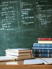 Aufkleber - Desk featuring stacks of books, notebooks, and stationery with a chalkboard in the background and ample copy space for notes. Generative AI