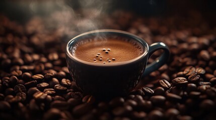 Aufkleber - Enjoying a steaming cup of coffee among roasted beans in a cozy setting. Generative AI