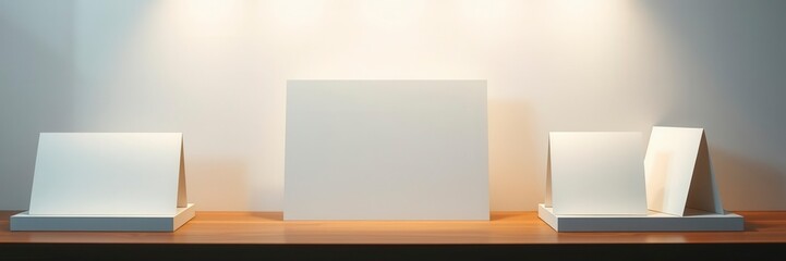 A vertical greeting card mockup template set on a wooden table with soft lighting and blank cards for customization, blank, showcase, greeting card