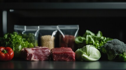 Poster - Fresh selection of vegetables, meat, and grains arranged on a table with ample copy space for text or design. Generative AI