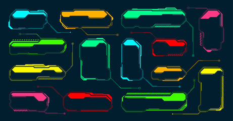 Poster - Futuristic HUD or UI elements. Sci-fi user interface text boxes, callouts. Colorful warning message frame, information boxes template. Modern game interface layout, digital style. Vector illustration