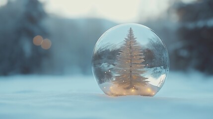 Wall Mural - glass ball featuring a miniature winter tree in a serene snowy landscape