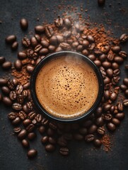 Poster - Warm cup of coffee surrounded by roasted beans and ground coffee creating a cozy atmosphere for a peaceful morning. Generative AI