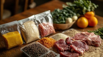 Aufkleber - Freshly assorted vegetables, meat, and grains arranged on a wooden table with spacious background. Generative AI