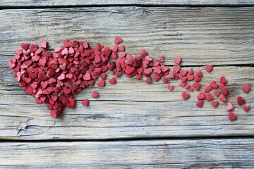 A heart shape made from small red heart confetti on a wooden surface.