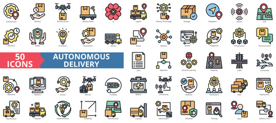 Poster - Autonomous delivery icon collection set. Containing drone, robot, ai, logistic, technology, package, navigation icon. Simple flat outline vector illustration.