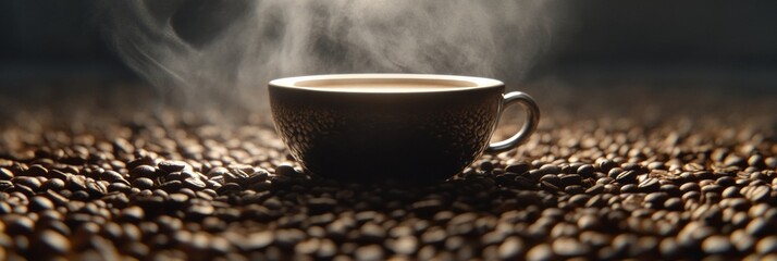 Leinwandbilder - Warm cup of coffee rising steam on a bed of coffee beans in a cozy setting reflecting morning tranquility. Generative AI