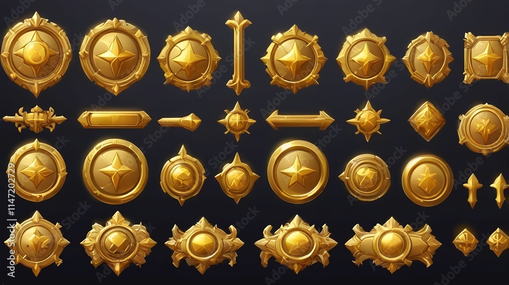Golden buttons for user interface design in game, video player or ...