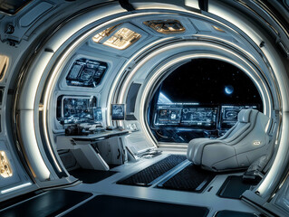 Wall Mural - A spacious and sleek interior of a spacecraft features multiple screens displaying data and a comfortable seat. Outside, planets are visible through large windows, highlighting the vastness of space.