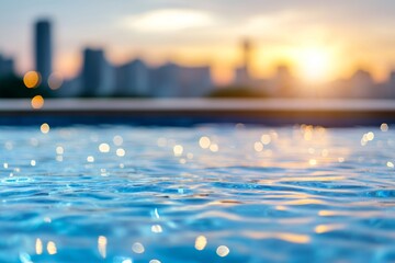 Wall Mural - A serene pool reflecting city lights during sunset.