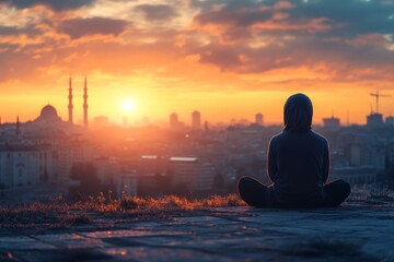 Wall Mural - A person meditating at sunset, overlooking a city skyline with minarets.