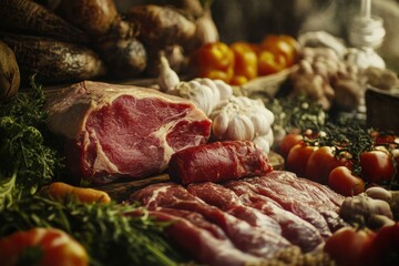 Poster - Fresh produce and meat displayed on a rustic wooden table with various grains and herbs for a healthy meal preparation. Generative AI