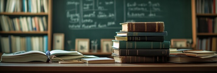 Aufkleber - Collection of books and notebooks arranged on a workspace with copy space for creative ideas. Generative AI