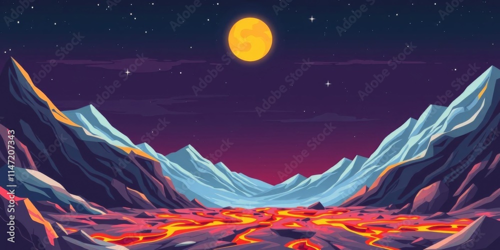 Rugged alien planet landscape with glowing lava cracks, towering ...