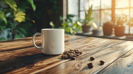 Poster - Minimalist coffee mug mockup with glossy finish placed on a wooden table with warm sunlight streaming in from a nearby window creating a simple yet elegant product display scene