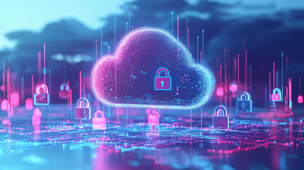 Poster - Abstract digital cloud with glowing padlocks, symbolizing secure cloud computing, data encryption, and robust cybersecurity measures for network safety and data protection.