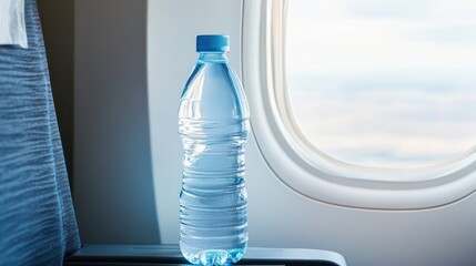 A plastic bottle of water sits on the tray table of an airplane seat next to the window.