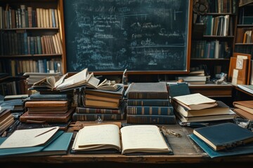 Aufkleber - Study desk filled with books, notebooks, and stationery in a cozy library setting with a chalkboard backdrop. Generative AI