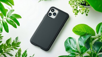 Poster - Blank black smartphone case mockup showcased on a clean white studio background with a 3D floating view highlighting the sleek edges and minimalist design