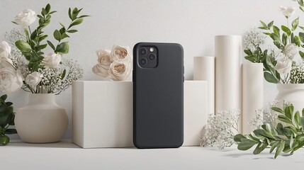 Poster - Minimalist black smartphone case mockup with a floating 3D view showcasing the sleek edges and design isolated on a clean white background for product presentation and digital display