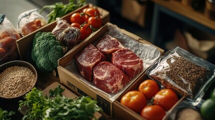 Poster - Fresh vegetables, meat, and grains arranged on a market display with copy space for text and promotions. Generative AI