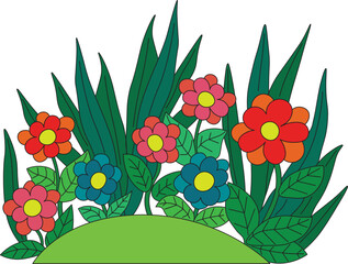 green summer meadow among colorful flowers and green plants