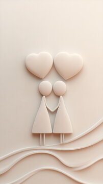 Romantic couple illustration of two hearts holding hands, on simple white background with soft pink heart outline around them Valentine's day vertical social media concept, photo footage stories reels