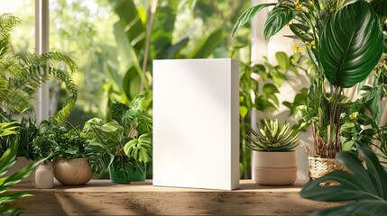 Poster - 3D blank product box mockup standing on a wooden shelf ready for packaging design and branding presentation  The empty container has a plain surface for customization and advertisement