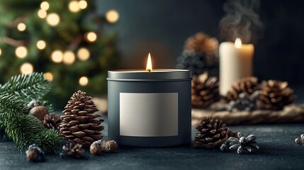 Poster - Elegant and minimalist round candle tin mockup with a blank label set against a cozy and inviting background featuring subtle holiday and a warm soothing atmosphere