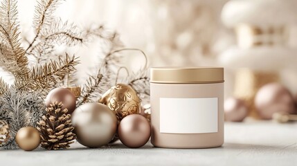 Poster - A clean round candle tin mockup with a blank label set against a cozy background featuring subtle decorative elements creating a peaceful and inviting atmosphere