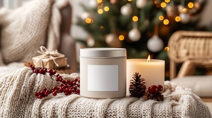 Poster - Elegant round candle tin mockup set against a cozy background featuring subtle decorative elements  Blank label provides ample space for branding or product information