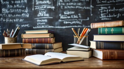 Aufkleber - Study materials and stationery arranged neatly on a desk with chalkboard in background during study session. Generative AI