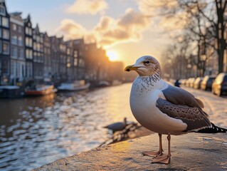 Wall Mural - A seagull stands by a canal at sunset, capturing a serene moment in an urban landscape.