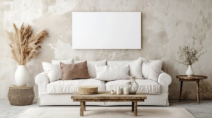Poster - Minimalist Blank Canvas Print Mockup Displayed on a Textured Modern Wall with Soft Natural Lighting Perfect for Showcasing Artwork or Product Photography