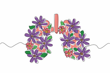 Poster - Continuous one line drawing lungs with flowers and leaves in the middle. Love the lung health like caring for flowers in a garden. World Tuberculosis Day. Single line draw design vector illustration