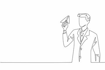 Poster - Single continuous line drawing businessman hold paper airplane and preparing to fly it. Childhood nostalgia is a great excuse to laze around. National Goof Off Day. One line design vector illustration