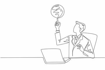 Wall Mural - Single continuous line drawing businessman sitting in office chair spinning basketball on his finger. Forgetting work to play basketball. National Goof Off Day. One line design vector illustration