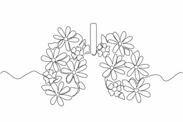 Poster - Continuous one line drawing lungs with flowers and leaves in the middle. Love the lung health like caring for flowers in a garden. World Tuberculosis Day. Single line draw design vector illustration