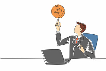 Poster - Single continuous line drawing businessman sitting in office chair spinning basketball on his finger. Forgetting work to play basketball. National Goof Off Day. One line design vector illustration