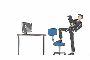 Poster - Single continuous line drawing businessman wearing headphones and using keyboard like guitar. Hidden desires. Prioritize hobbies, not work. National Goof Off Day. One line design vector illustration