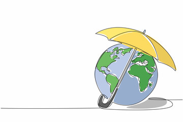 Poster - Single continuous line drawing part of the globe is covered by an umbrella. Take shelter with umbrella whether it is raining or hot. Tech. World Meteorological Day. One line design vector illustration