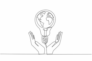 Poster - Single continuous line drawing bulb lamp is in the middle of the two open arms. Global movement to care more about the fate of the earth. Electric. Earth Hour Day. One line design vector illustration