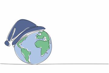 Poster - Single continuous line drawing globe wearing a sleeping cap. Imagination. Symbolization. The tired earth. Let the earth stop working for a moment. Earth Hour Day. One line design vector illustration
