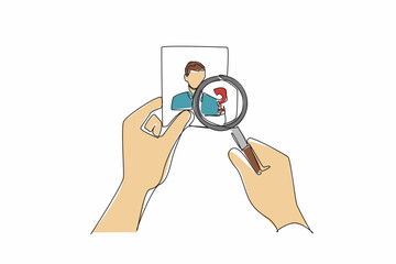 Continuous one line drawing hand pointing magnifier at silhouette image of person. Massive searches conducted. Searching for staff members suddenly missing. Single line draw design vector illustration