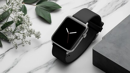 Poster - minimalist smartwatch mockup resting on a sleek and modern tech style background showcasing a blank 