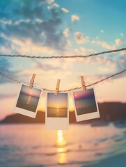 Poster - Polaroid pictures hanging on a string against a colorful sunset sky creating a nostalgic and artistic display for memories. Generative AI